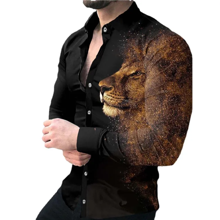 2022 Foreign trade cross-border solid color slim spot all-purpose cotton casual lapel animal print youth shirt