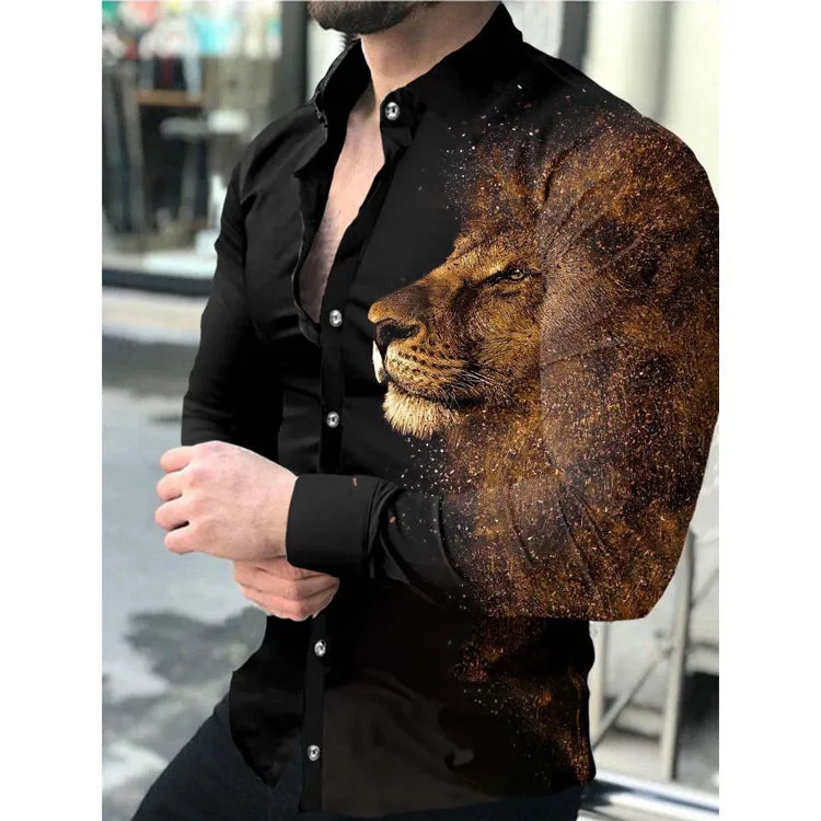 2022 Foreign trade cross-border solid color slim spot all-purpose cotton casual lapel animal print youth shirt