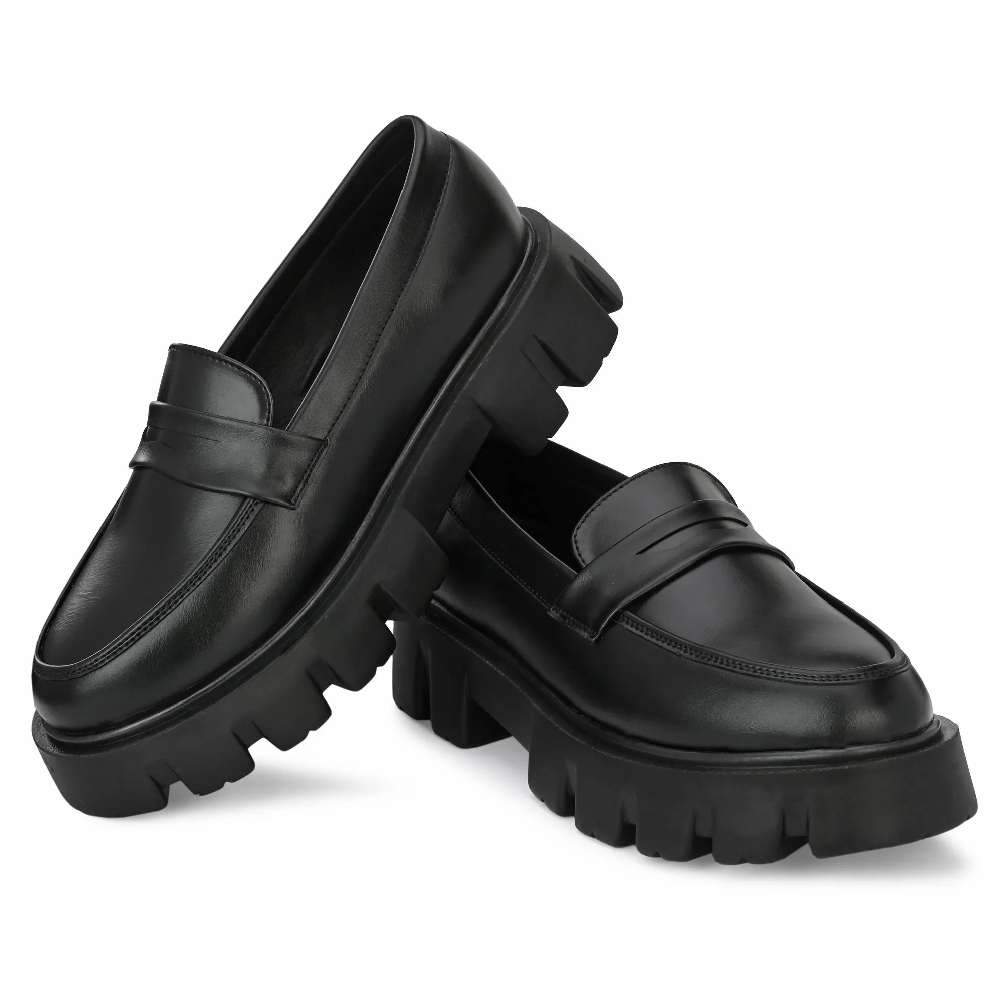 Attitudist Unisex Matte Black Slip-On High Heel Penny Loafers