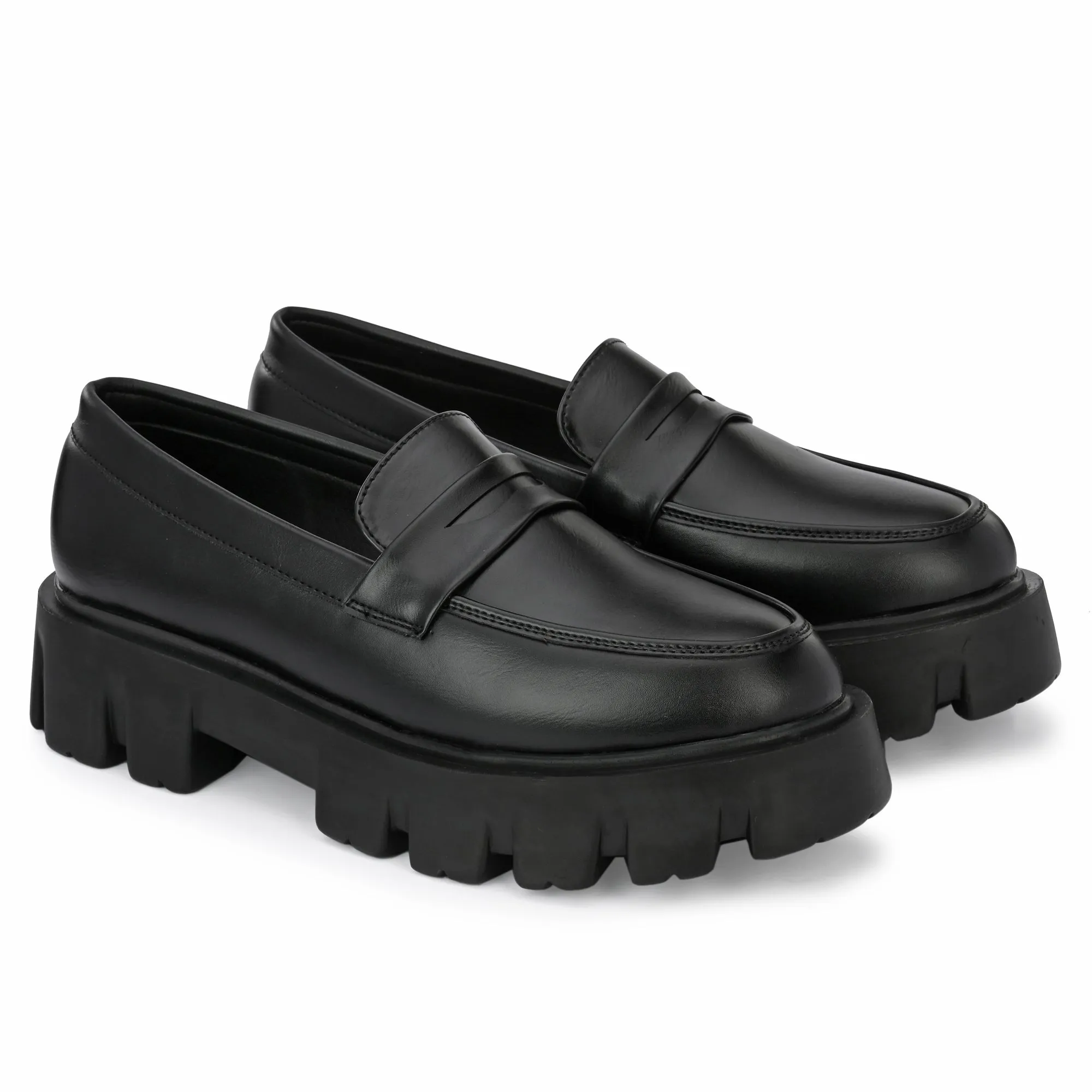 Attitudist Unisex Matte Black Slip-On High Heel Penny Loafers