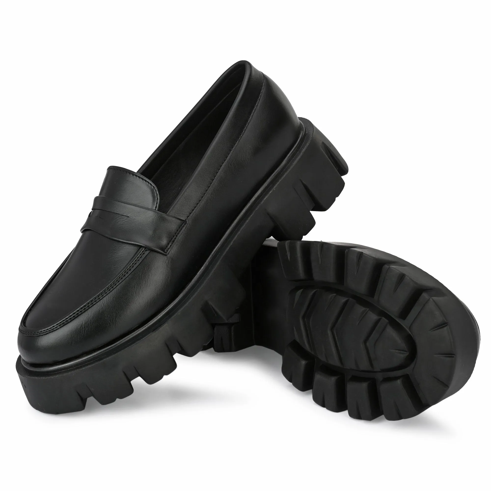 Attitudist Unisex Matte Black Slip-On High Heel Penny Loafers