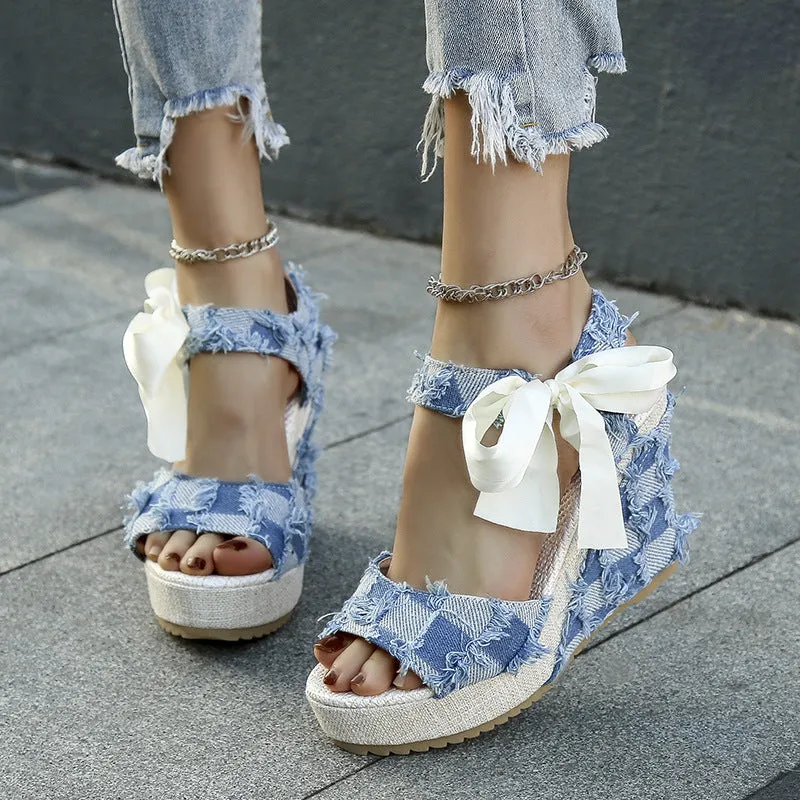 Fashion Wedge Peep Toe Bow Lace-up High Heel Platform Sandals