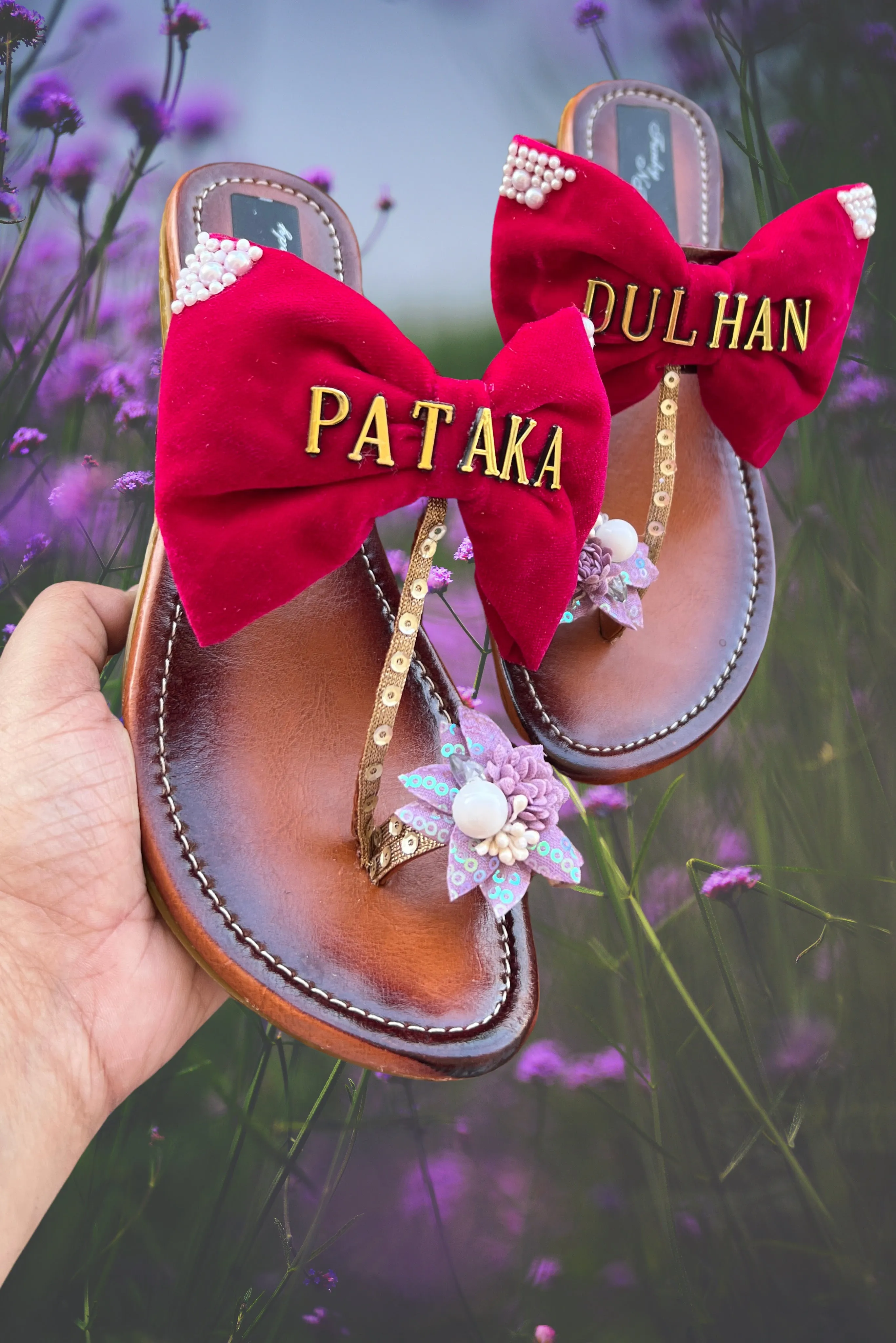 Funky N Trendy Couple slippers/ bridal footwear / groom footwear/ bow and moustache footwear / couple shoes/funky bridal combos / pataka dulhan flats slippers/ swag dulha kolhapuris/ couple footwear for haldi mahendi