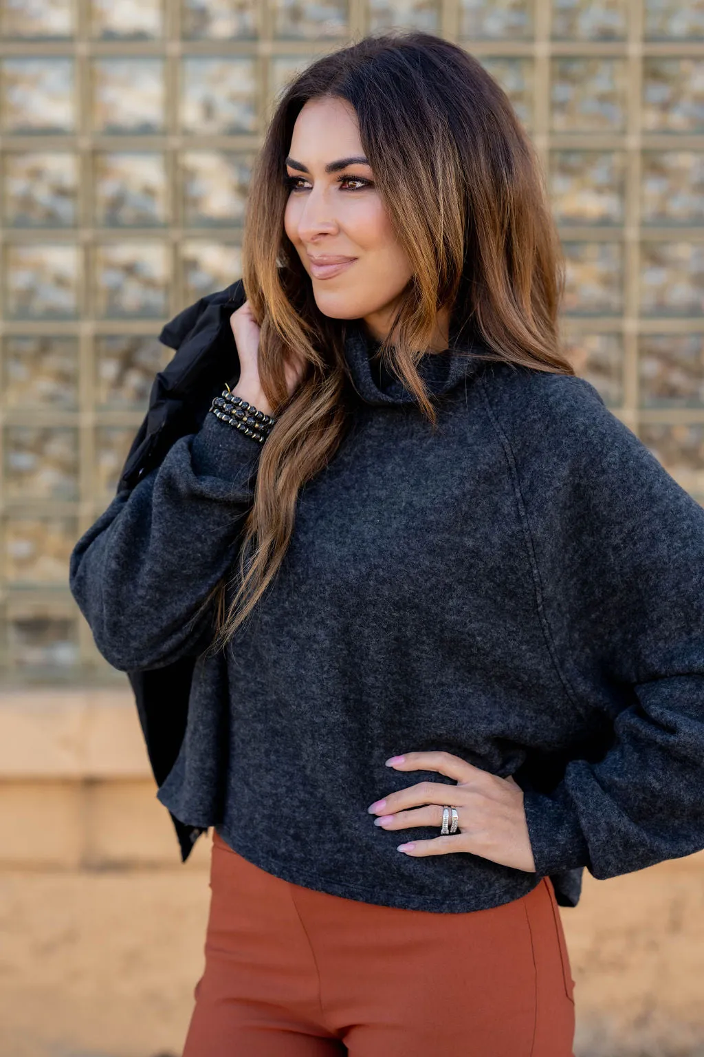 Heathered Ribbed Trim Cowl Neck Sweater