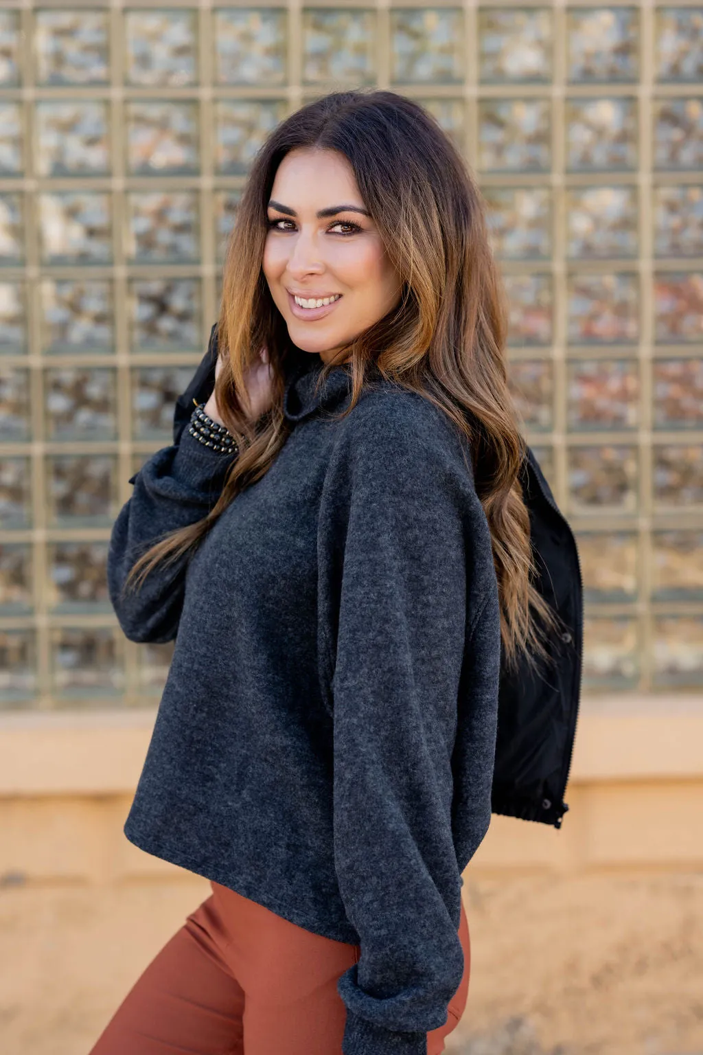 Heathered Ribbed Trim Cowl Neck Sweater