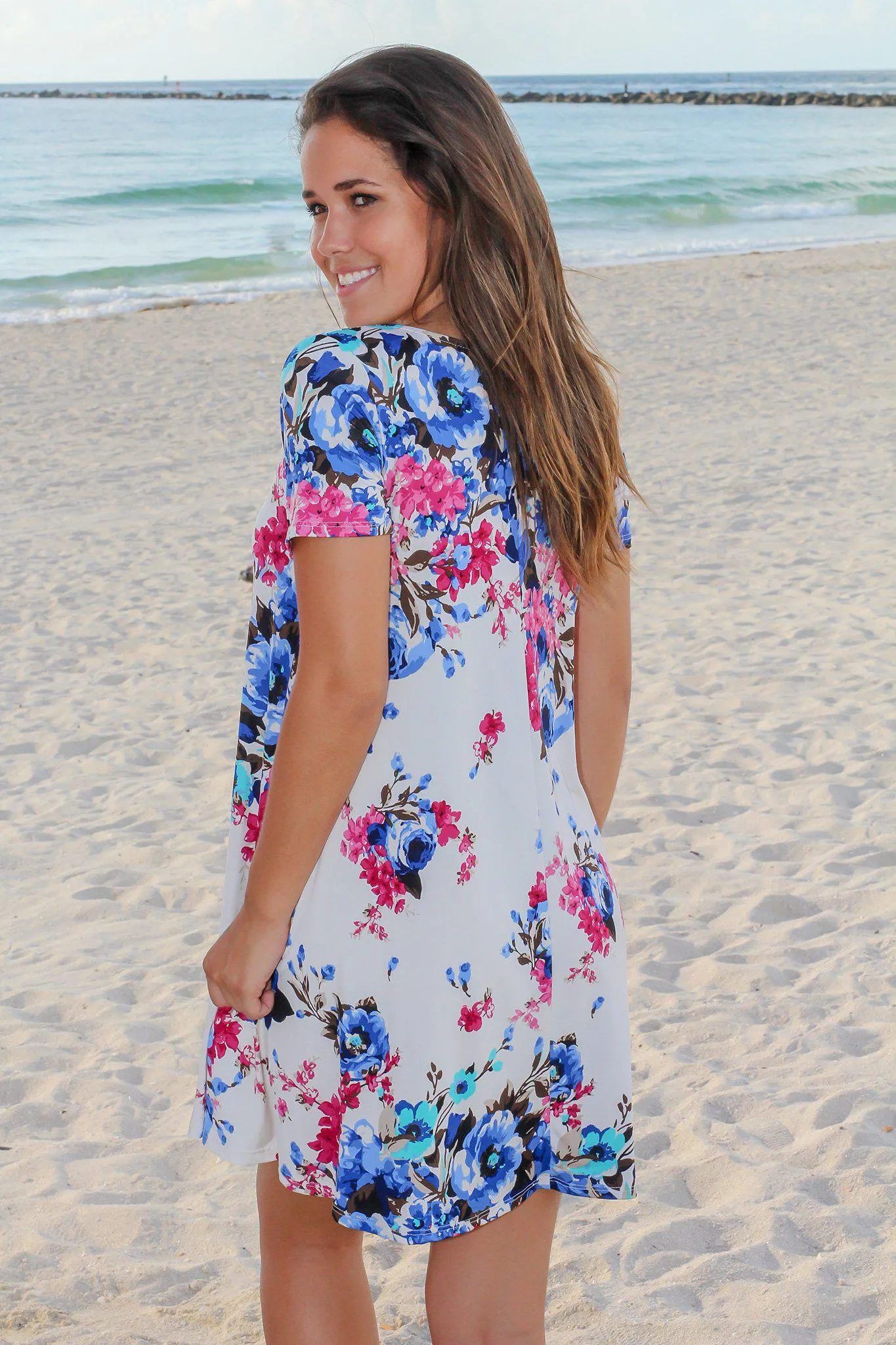 Ivory Floral Short Dress with Criss Cross