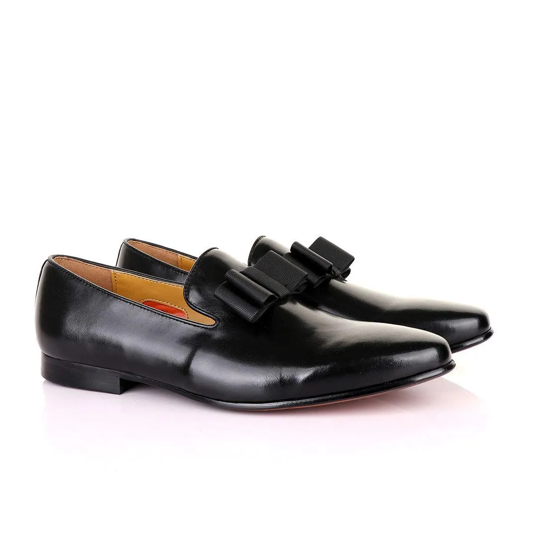 John Mendson Black Leather With Bow Loafers