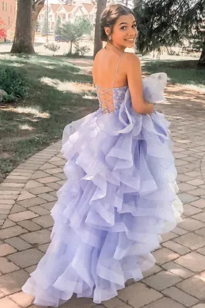 Lavender Spaghetti Straps Tulle Long Party Dress with Beadings Prom Gown UQP0194