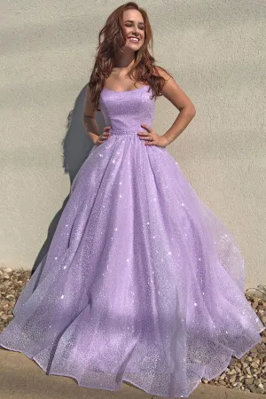 Lilac Spaghetti Strap Sparkly Prom Dress Long, Shiny Long Evening Dress UQP0009