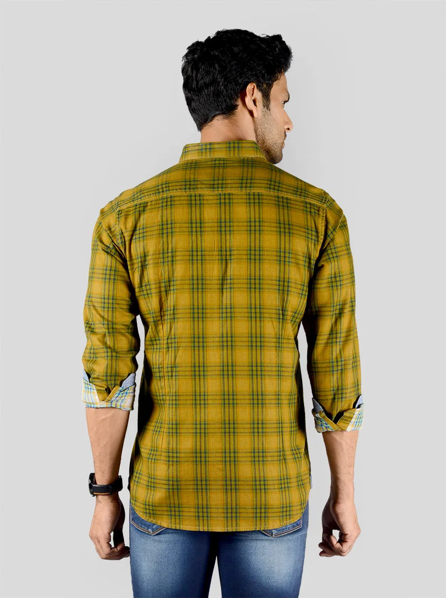 Ochre Yellow & Green Checked Slim Fit Casual Shirt | JadeBlue