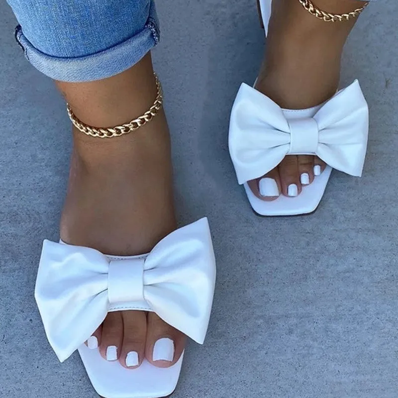 Purpdrank - White Fashion Casual Solid Color With Bow Square Comfortable Slippers