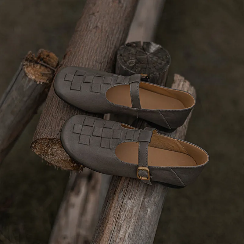 Retro Woven Washed Horse Leather T Strap Mary Jane Shoes for Women In Brown/Black/Grey