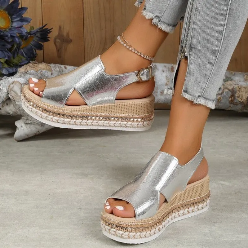 sealbeer - Gold Casual Hollowed Out Patchwork Fish Mouth Out Door Wedges Shoes (Heel Height 1.97in)