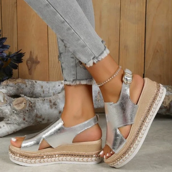 sealbeer - Gold Casual Hollowed Out Patchwork Fish Mouth Out Door Wedges Shoes (Heel Height 1.97in)