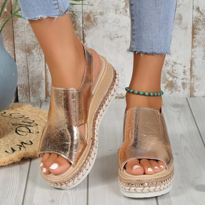 sealbeer - Gold Casual Hollowed Out Patchwork Fish Mouth Out Door Wedges Shoes (Heel Height 1.97in)