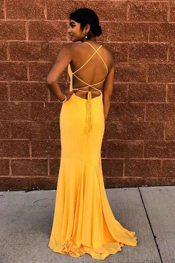 Sexy Mermaid Satin Mustard Yellow Criss Cross Long Prom/Evening Dress PG834