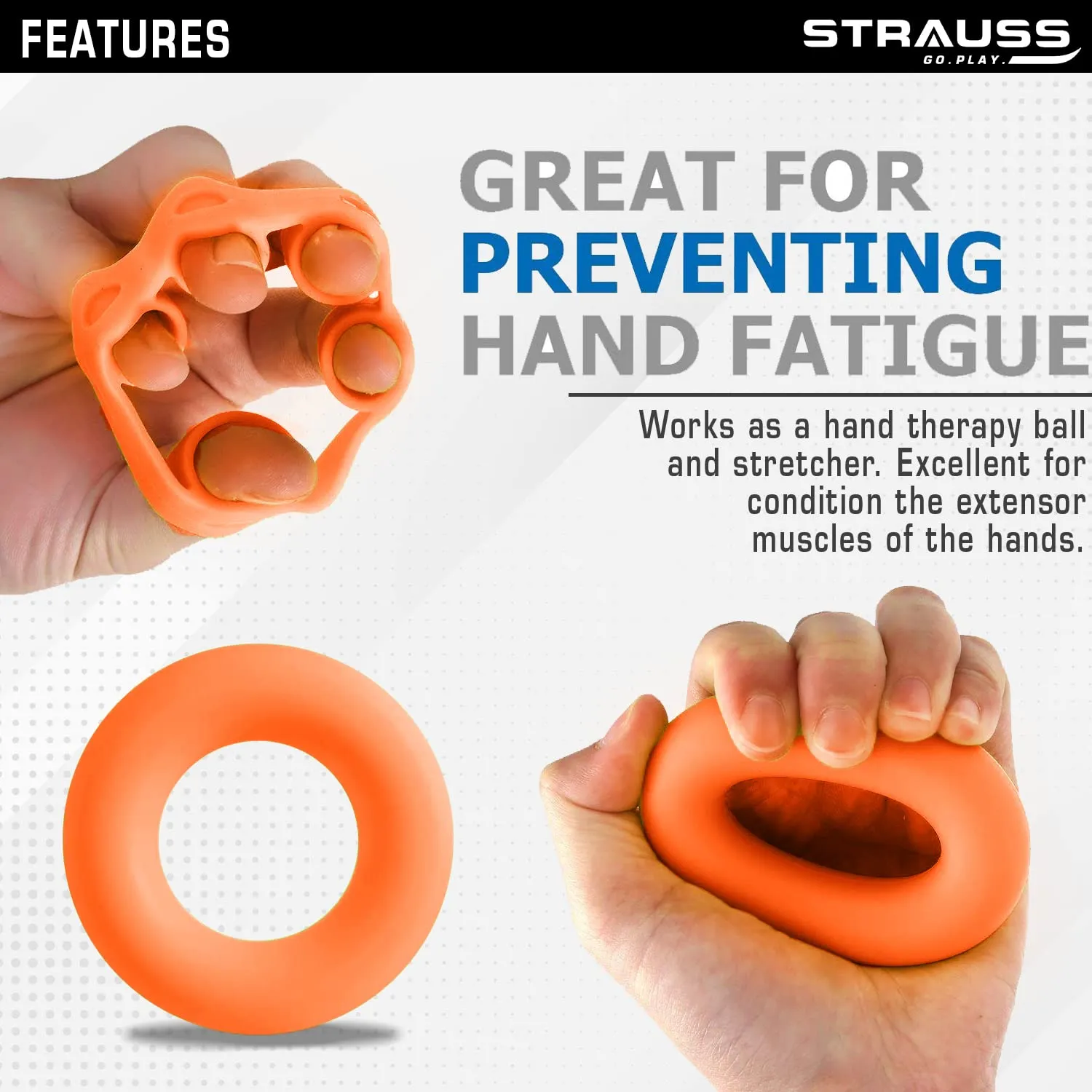 Strauss Silicon Palm Hand Grip Exerciser | Hand Strengthener for Carpal Tunnel Relief and Grip Strength | Silicone Finger Gripper and Finger Stretcher | Ideal For All Skill Levels | Set of 2, (Orange)