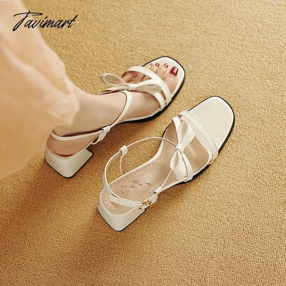 TAVIMART  -  Plus Size Cross Thin Ribbon Bow Applique Buckle Hollow Roman Style Sandals Peep Toe Contoured Thick Heel Sexy Sandals