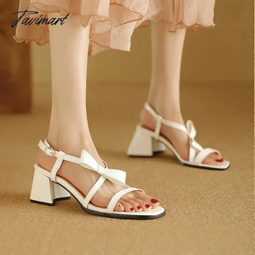 TAVIMART  -  Plus Size Cross Thin Ribbon Bow Applique Buckle Hollow Roman Style Sandals Peep Toe Contoured Thick Heel Sexy Sandals