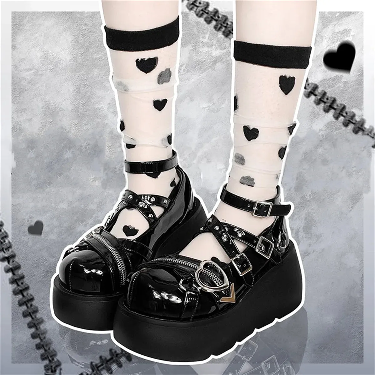 Uniwim Retro Dark Punk Style Cosplay Victorian Girls Shoes Lolita Round Head Thick Bottom Metal Zipper Love Rivet 7.5cm High Heel Shoes