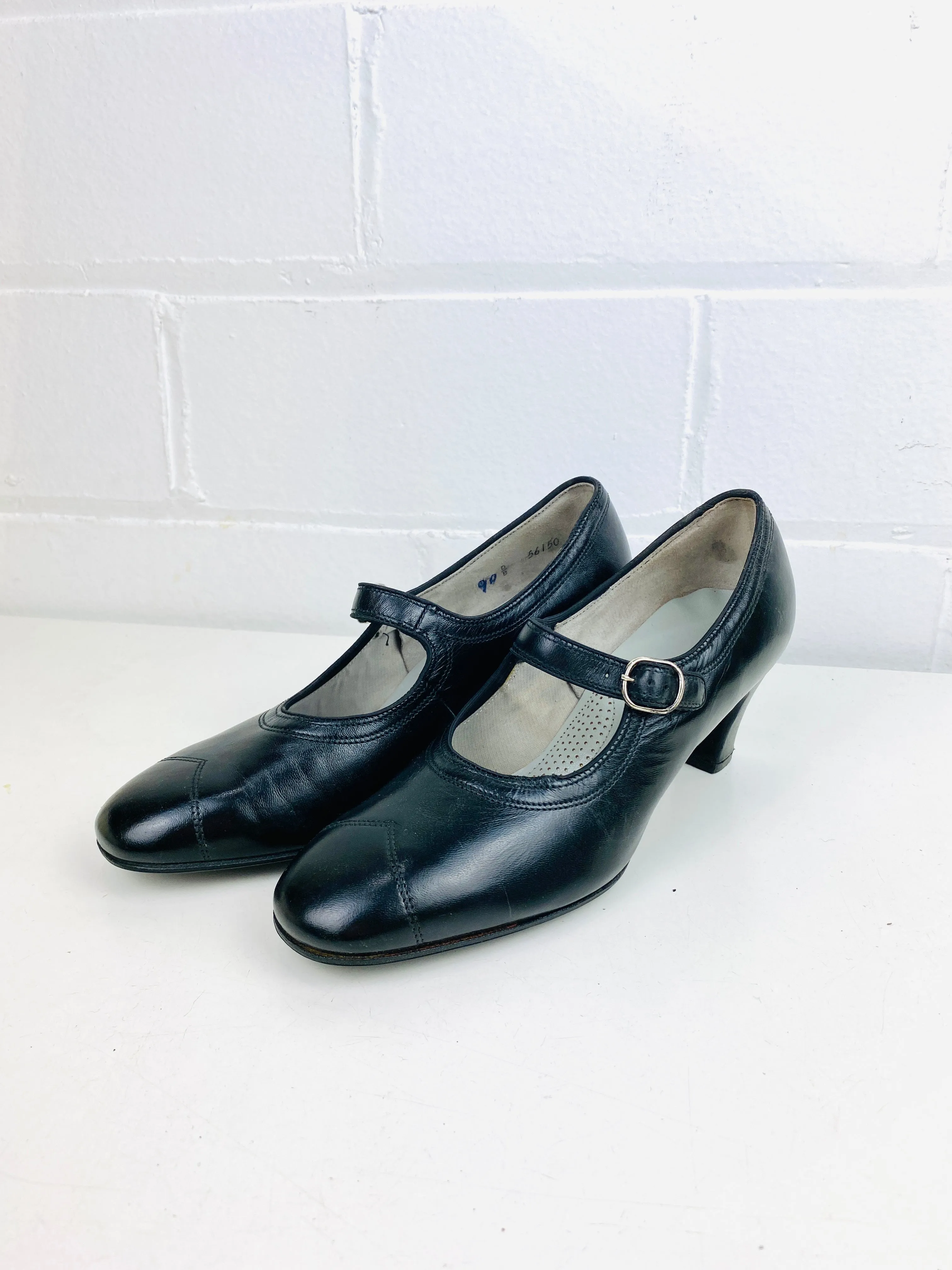 Vintage Deadstock Shoes, Women's 1980s Black Leather Pumps, NOS, 7088