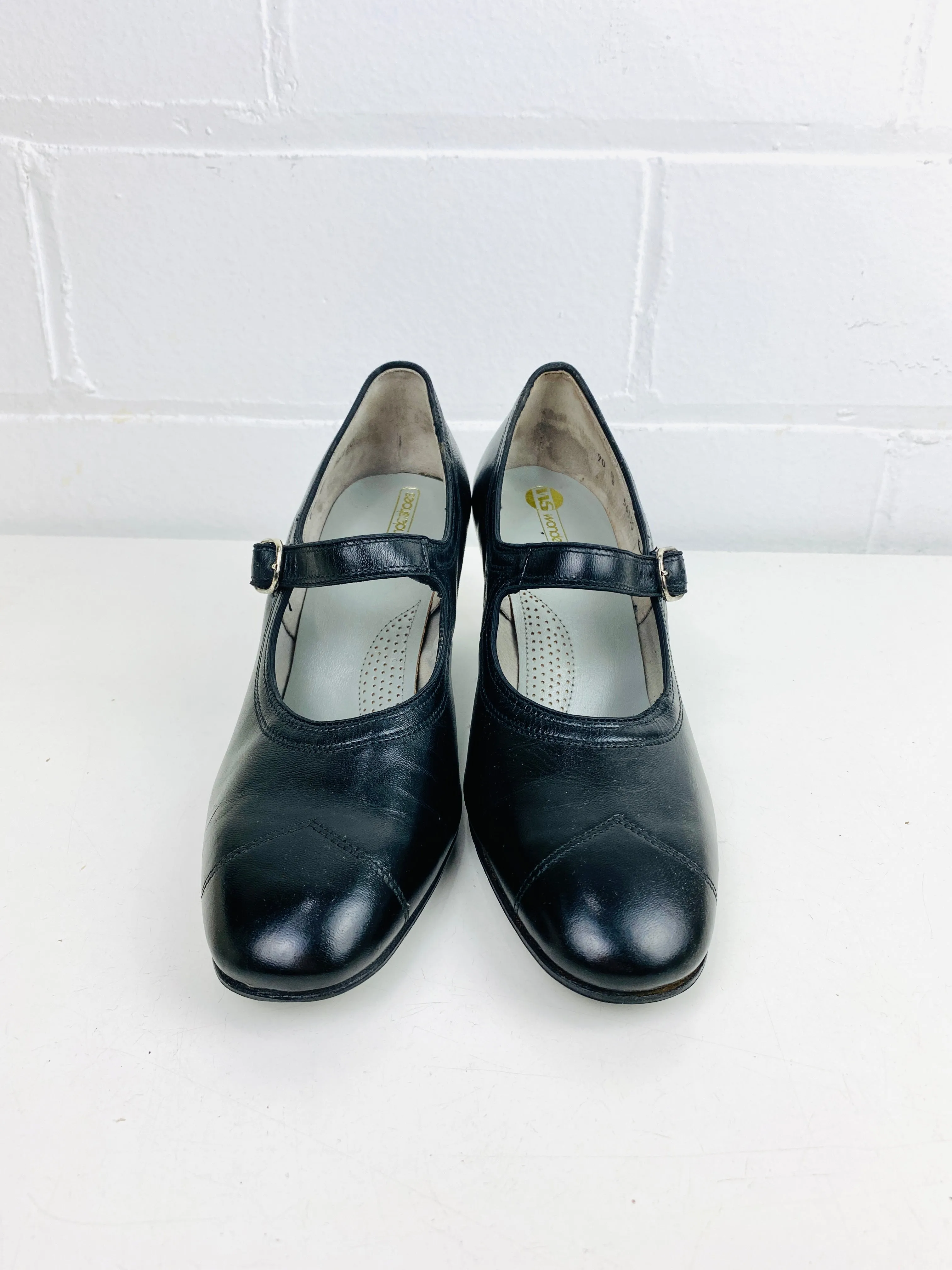 Vintage Deadstock Shoes, Women's 1980s Black Leather Pumps, NOS, 7088