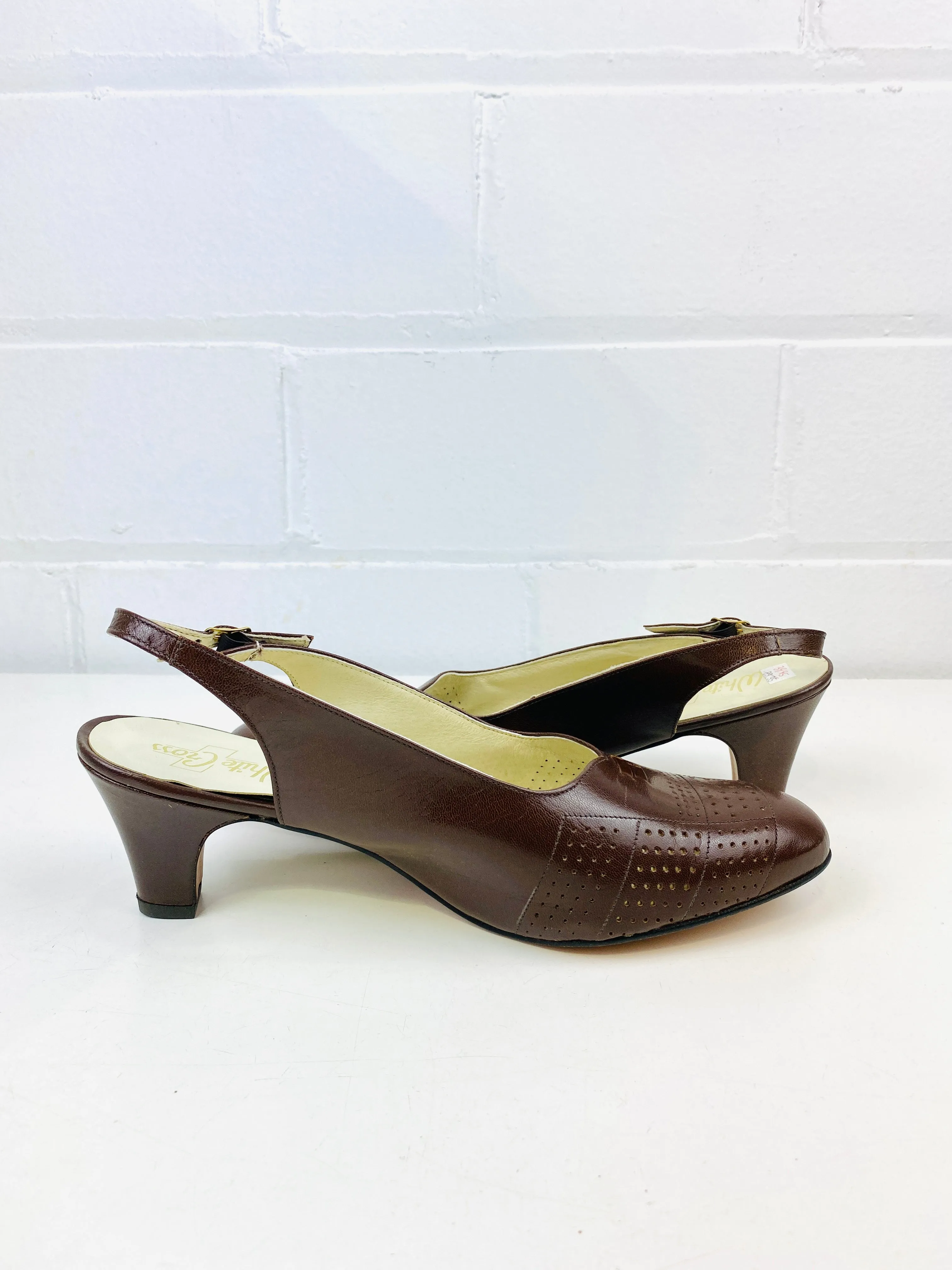 Vintage Deadstock Shoes, Women's 1980s Brown Leather Mid-Heel Sling-Back Pumps, NOS, 8577