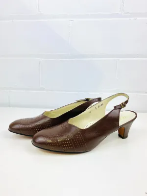 Vintage Deadstock Shoes, Women's 1980s Brown Leather Mid-Heel Sling-Back Pumps, NOS, 8577