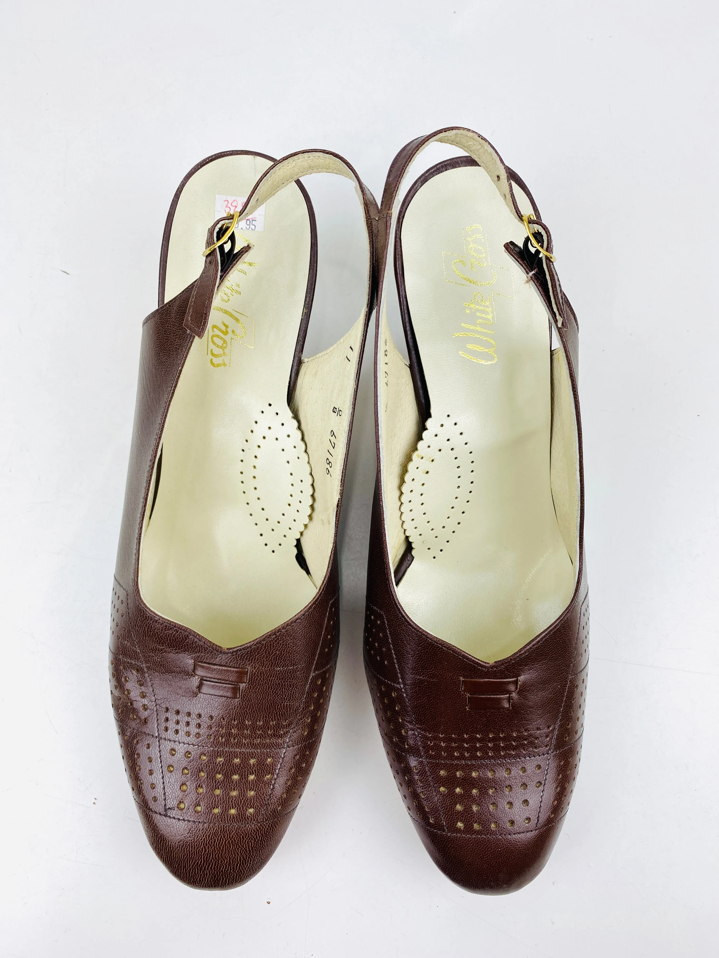 Vintage Deadstock Shoes, Women's 1980s Brown Leather Mid-Heel Sling-Back Pumps, NOS, 8577