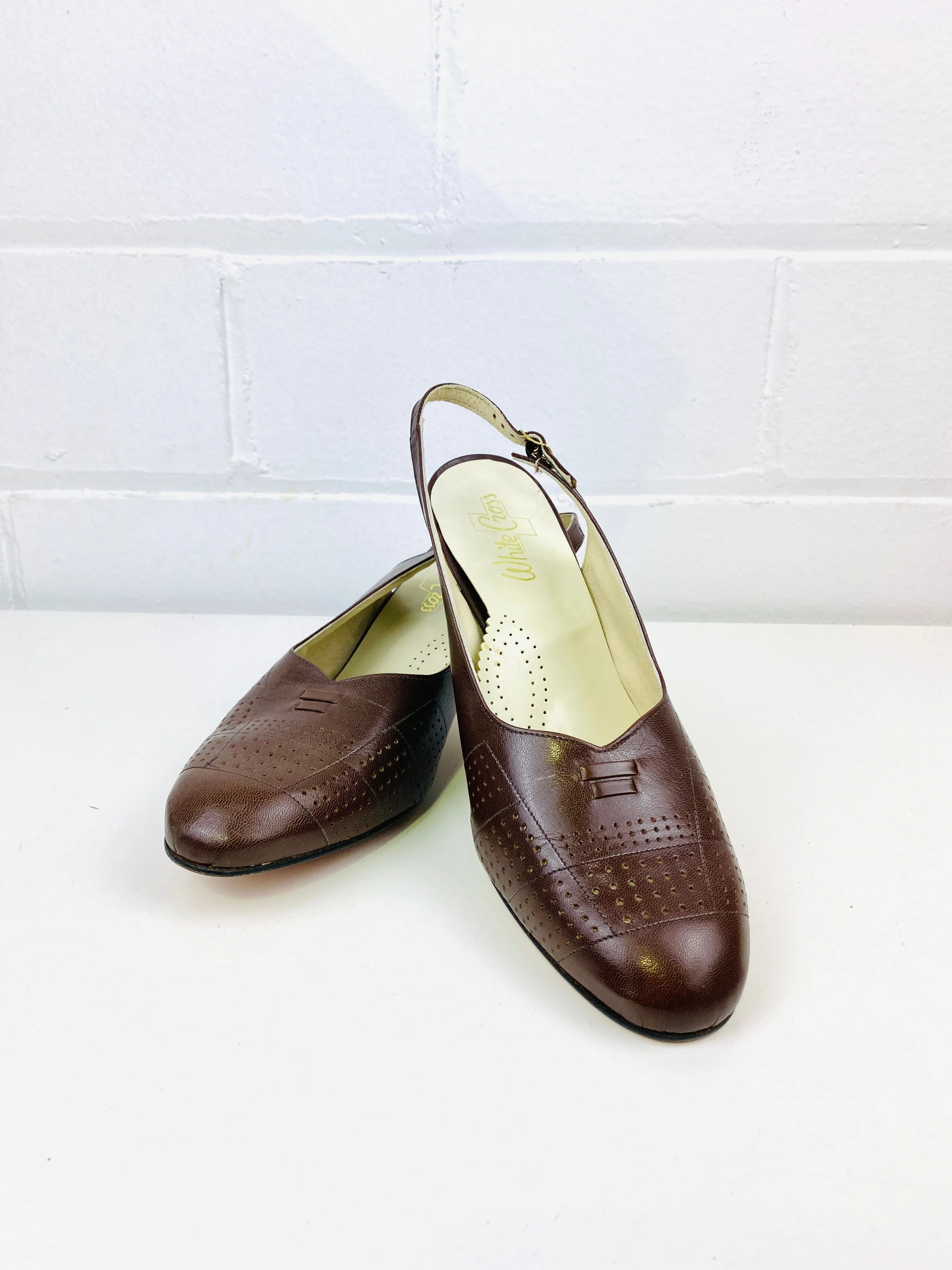 Vintage Deadstock Shoes, Women's 1980s Brown Leather Mid-Heel Sling-Back Pumps, NOS, 8577