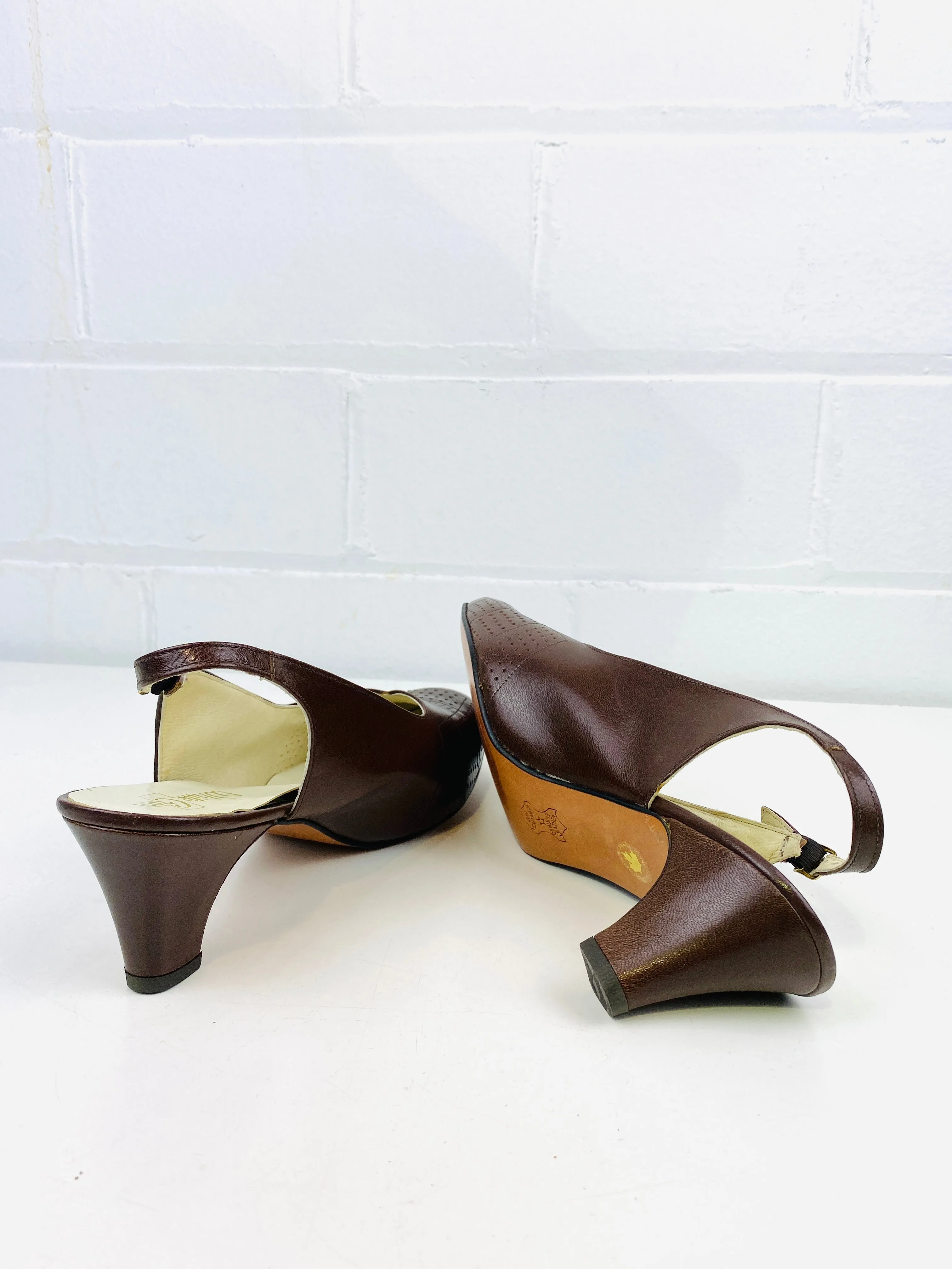 Vintage Deadstock Shoes, Women's 1980s Brown Leather Mid-Heel Sling-Back Pumps, NOS, 8577