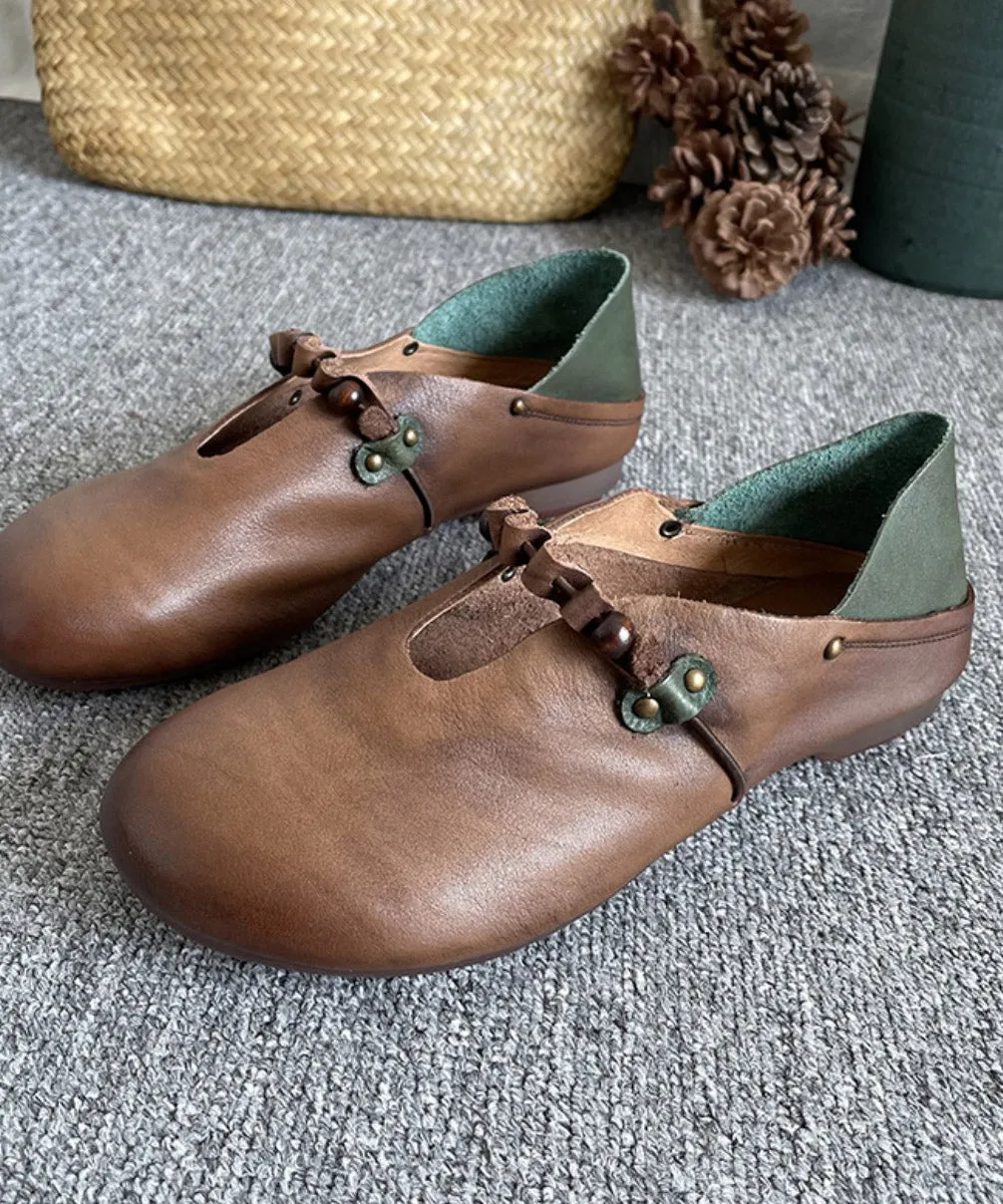 Vintage Khaki Genuine Leather Splicing Cross Strap Flat Shoes