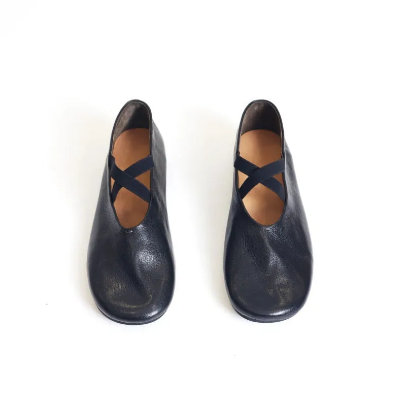 Women Handmade Leather Cross Strap Mary Jane Shoes in Black