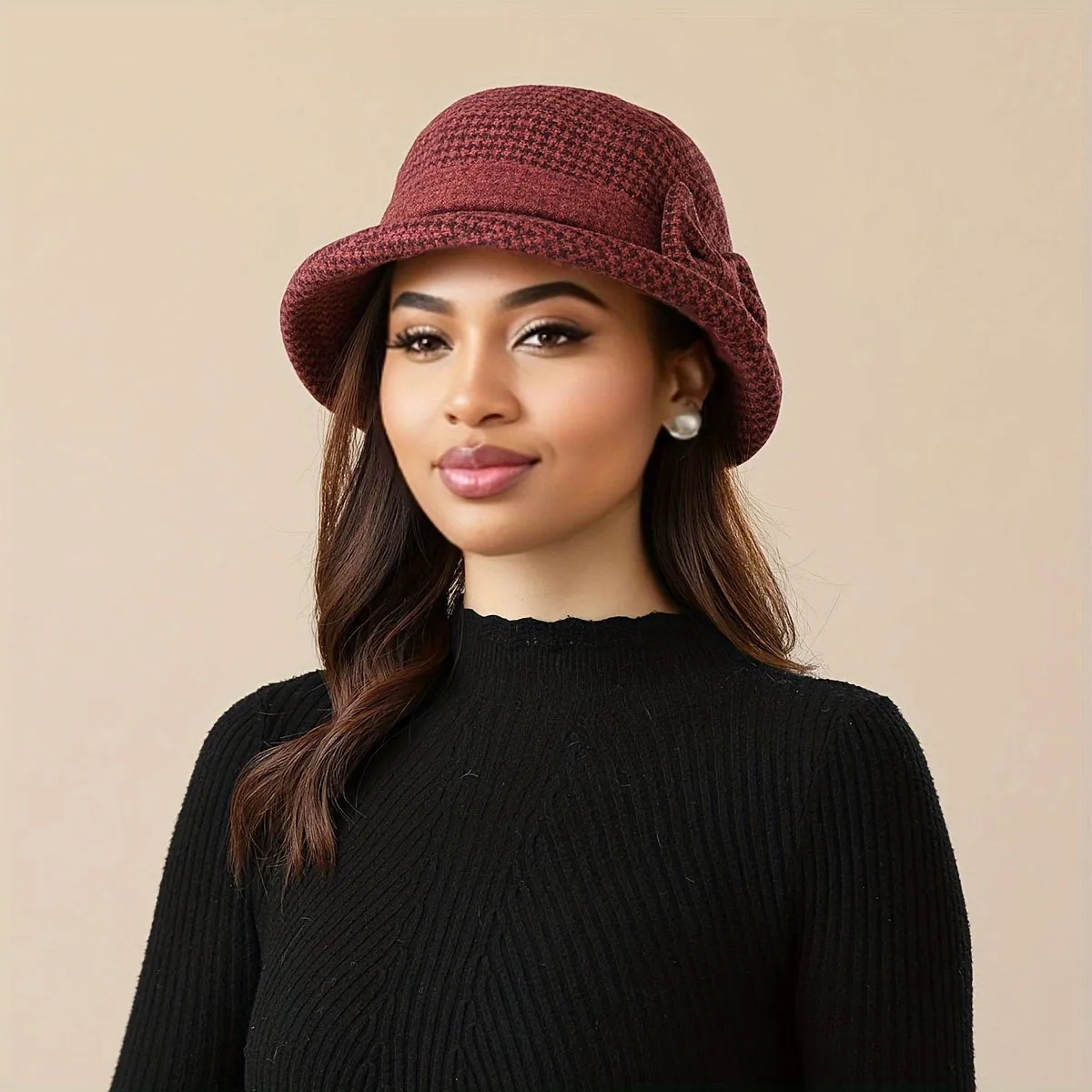 Women's New Year-Ready Houndstooth Knit Bucket Hat - Warm, Comfortable, & Moisture-Wicking with Ear Protection