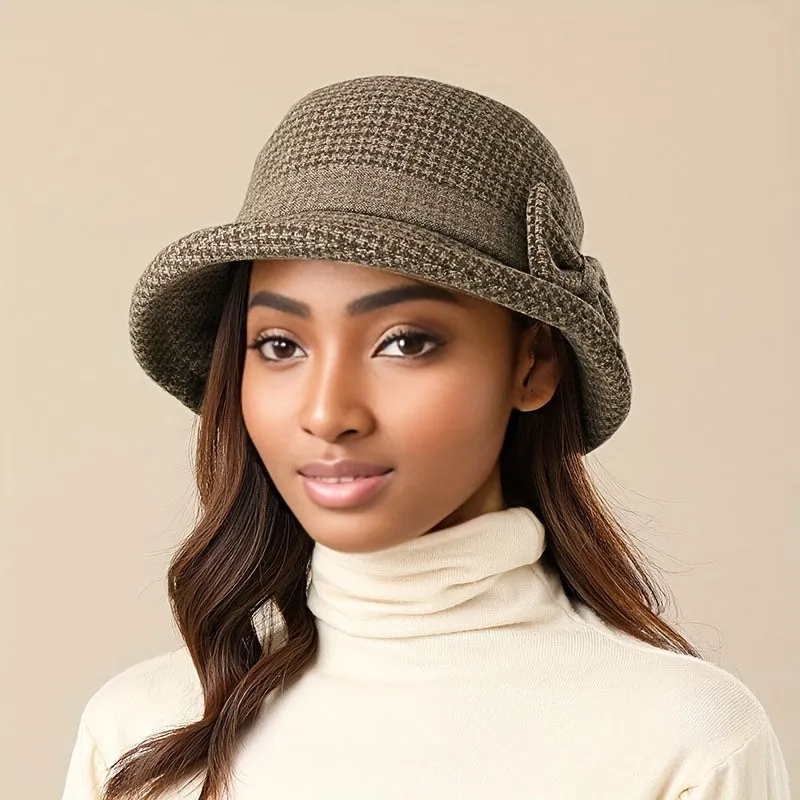 Women's New Year-Ready Houndstooth Knit Bucket Hat - Warm, Comfortable, & Moisture-Wicking with Ear Protection