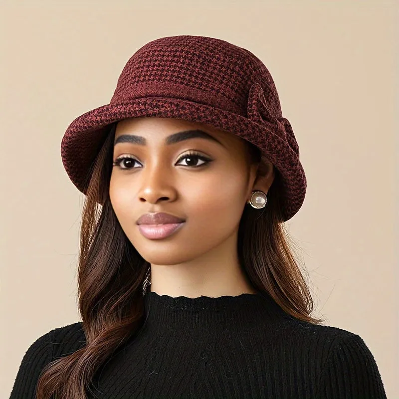 Women's New Year-Ready Houndstooth Knit Bucket Hat - Warm, Comfortable, & Moisture-Wicking with Ear Protection